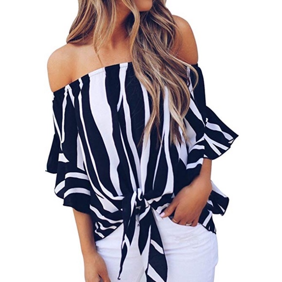 Tops - women stripes off shoulder chiffon blouse